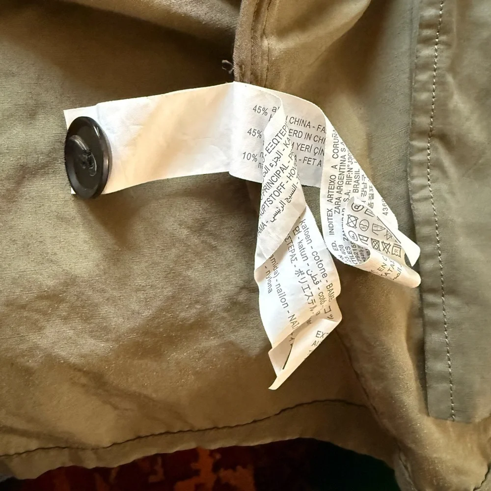 Zara Raincoat Trench Coat Olive Green Double Breasted XS